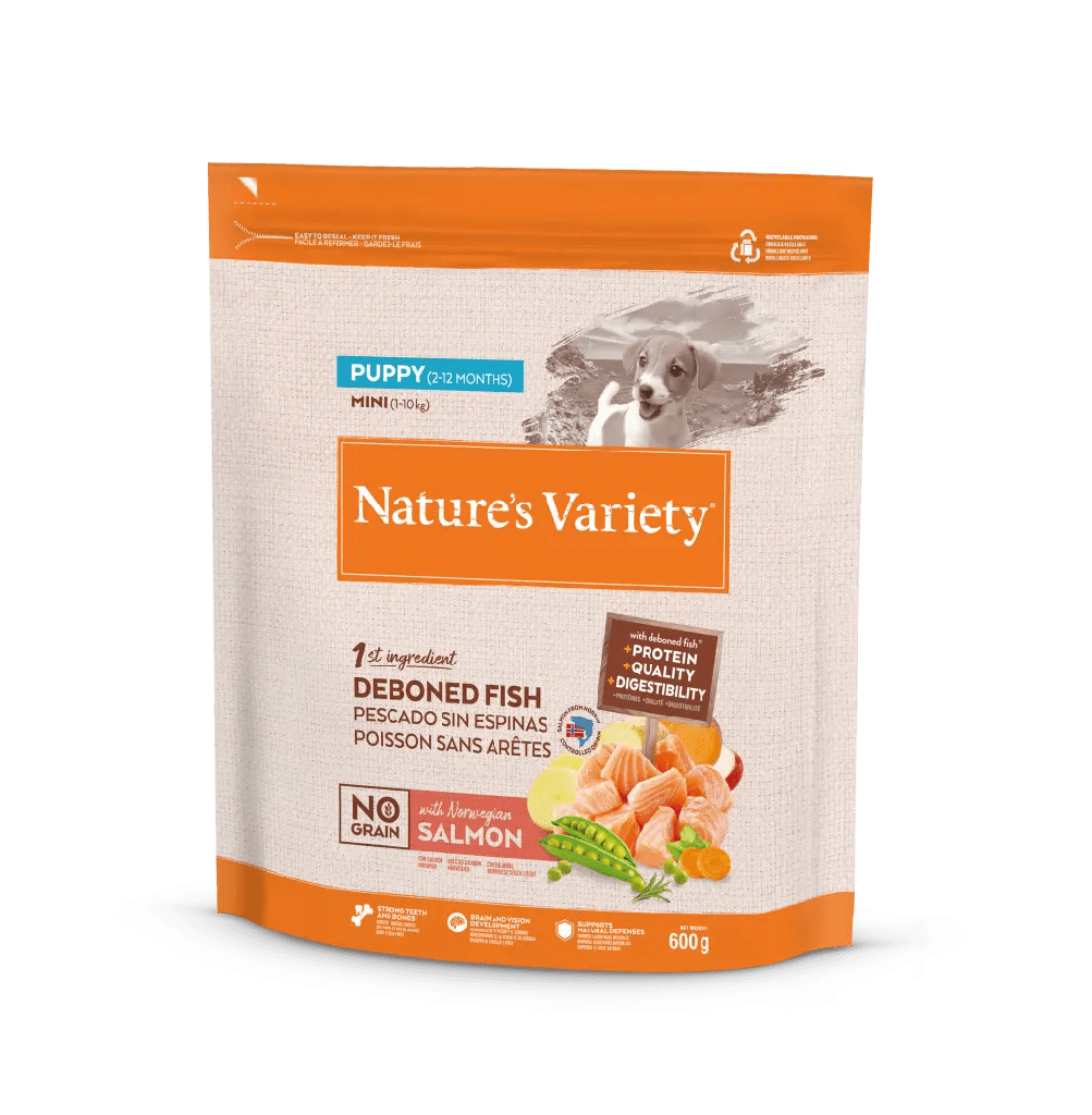 NATURE'S VARIETY MINI PUPPY SALMON SIN CEREALES 600 GRS