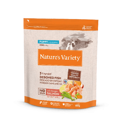 NATURE'S VARIETY MINI PUPPY SALMON SIN CEREALES 600 GRS