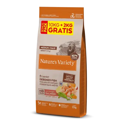 NATURE'S VARIETY MED/MAX SALMON SIN CEREALES 10+2 KGRS
